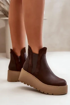 Boto Botki Na Koturnie|Brązowe I Beżowe Botki*Damskie Ocieplane Botki Na Platformie I Koturnie Brązowe Mivanira