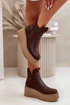 Boto Botki Na Koturnie|Brązowe I Beżowe Botki*Damskie Ocieplane Botki Na Platformie I Koturnie Brązowe Mivanira