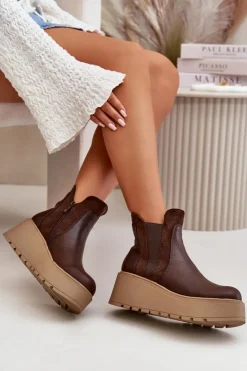 Boto Botki Na Koturnie|Brązowe I Beżowe Botki*Damskie Ocieplane Botki Na Platformie I Koturnie Brązowe Mivanira