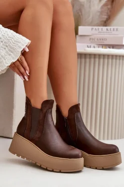 Boto Botki Na Koturnie|Brązowe I Beżowe Botki*Damskie Ocieplane Botki Na Platformie I Koturnie Brązowe Mivanira