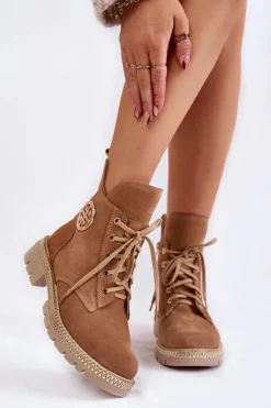 Damskie Boto Damskie Ocieplane Botki Na Suwak Camel Sinem