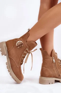 Damskie Boto Damskie Ocieplane Botki Na Suwak Camel Sinem