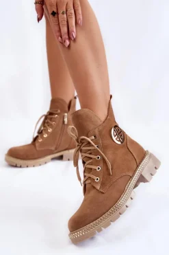 Damskie Boto Damskie Ocieplane Botki Na Suwak Camel Sinem