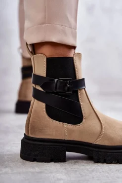 New Boto Damskie Ocieplane Botki Sztyblety Z Paskiem Beżowe Jose