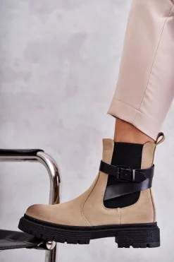New Boto Damskie Ocieplane Botki Sztyblety Z Paskiem Beżowe Jose