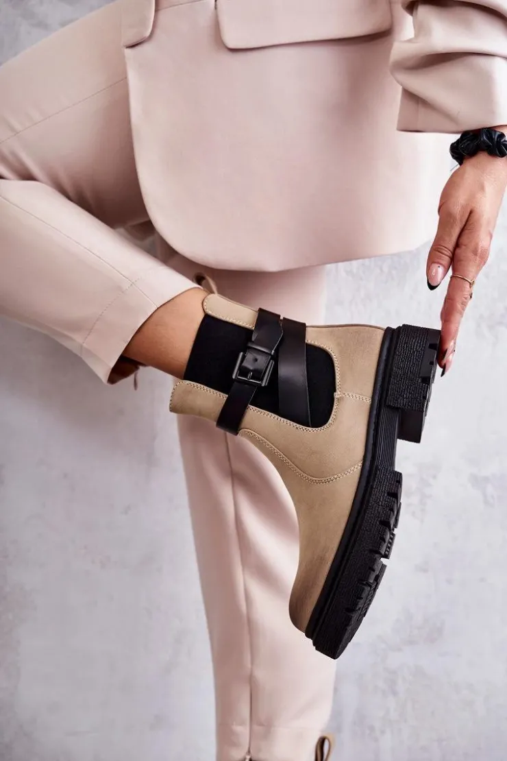 New Boto Damskie Ocieplane Botki Sztyblety Z Paskiem Beżowe Jose