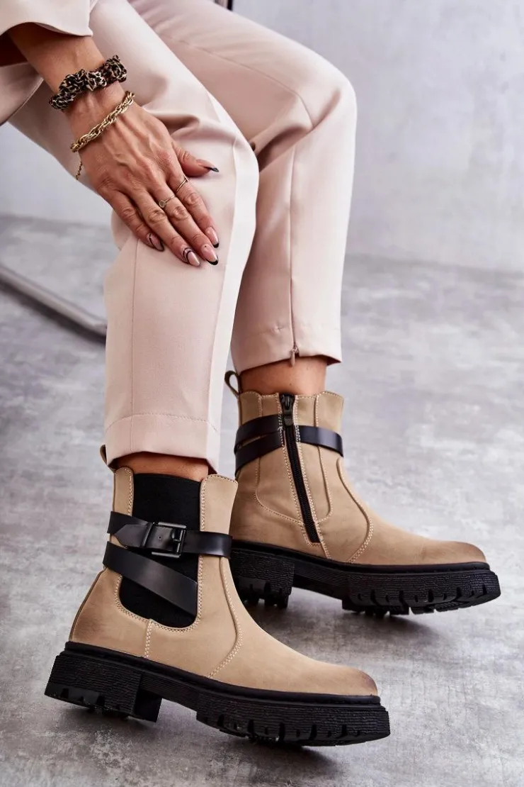 New Boto Damskie Ocieplane Botki Sztyblety Z Paskiem Beżowe Jose