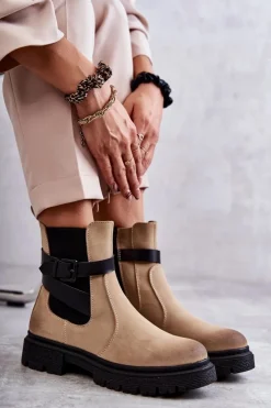 New Boto Damskie Ocieplane Botki Sztyblety Z Paskiem Beżowe Jose