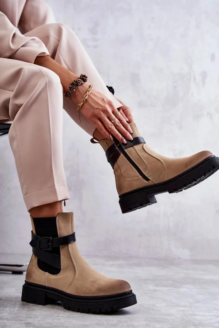 New Boto Damskie Ocieplane Botki Sztyblety Z Paskiem Beżowe Jose