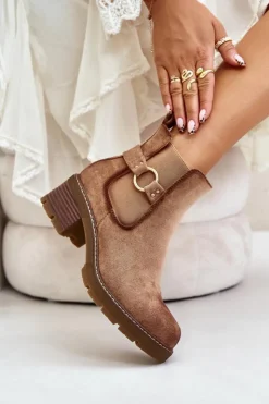 Outlet Boto Damskie Ocieplane Botki Sztyblety Na Obcasie Ze Złotym Detalem Eko Zamszowe Jasnobrązowe Mailta