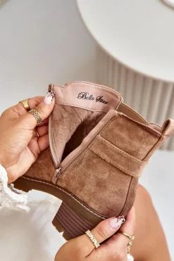 Outlet Boto Damskie Ocieplane Botki Sztyblety Na Obcasie Ze Złotym Detalem Eko Zamszowe Jasnobrązowe Mailta