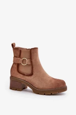 Outlet Boto Damskie Ocieplane Botki Sztyblety Na Obcasie Ze Złotym Detalem Eko Zamszowe Jasnobrązowe Mailta