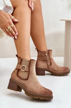 Outlet Boto Damskie Ocieplane Botki Sztyblety Na Obcasie Ze Złotym Detalem Eko Zamszowe Jasnobrązowe Mailta