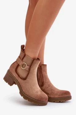 Outlet Boto Damskie Ocieplane Botki Sztyblety Na Obcasie Ze Złotym Detalem Eko Zamszowe Jasnobrązowe Mailta