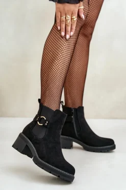 Boto Botki Na Słupku|Botki Zimowe Damskie*Damskie Ocieplane Botki Sztyblety Na Obcasie Ze Złotym Detalem Eko Zamszowe Czarne Mailta