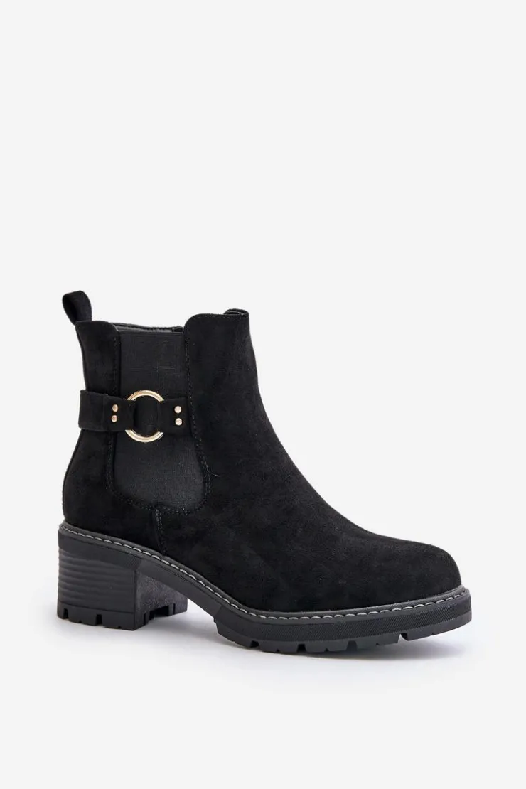 Boto Botki Na Słupku|Botki Zimowe Damskie*Damskie Ocieplane Botki Sztyblety Na Obcasie Ze Złotym Detalem Eko Zamszowe Czarne Mailta