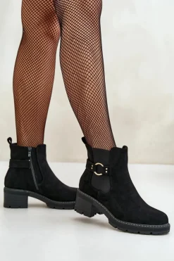 Boto Botki Na Słupku|Botki Zimowe Damskie*Damskie Ocieplane Botki Sztyblety Na Obcasie Ze Złotym Detalem Eko Zamszowe Czarne Mailta