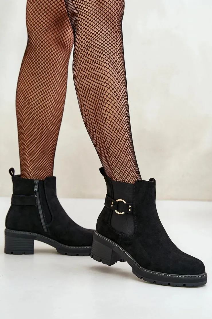 Boto Botki Na Słupku|Botki Zimowe Damskie*Damskie Ocieplane Botki Sztyblety Na Obcasie Ze Złotym Detalem Eko Zamszowe Czarne Mailta