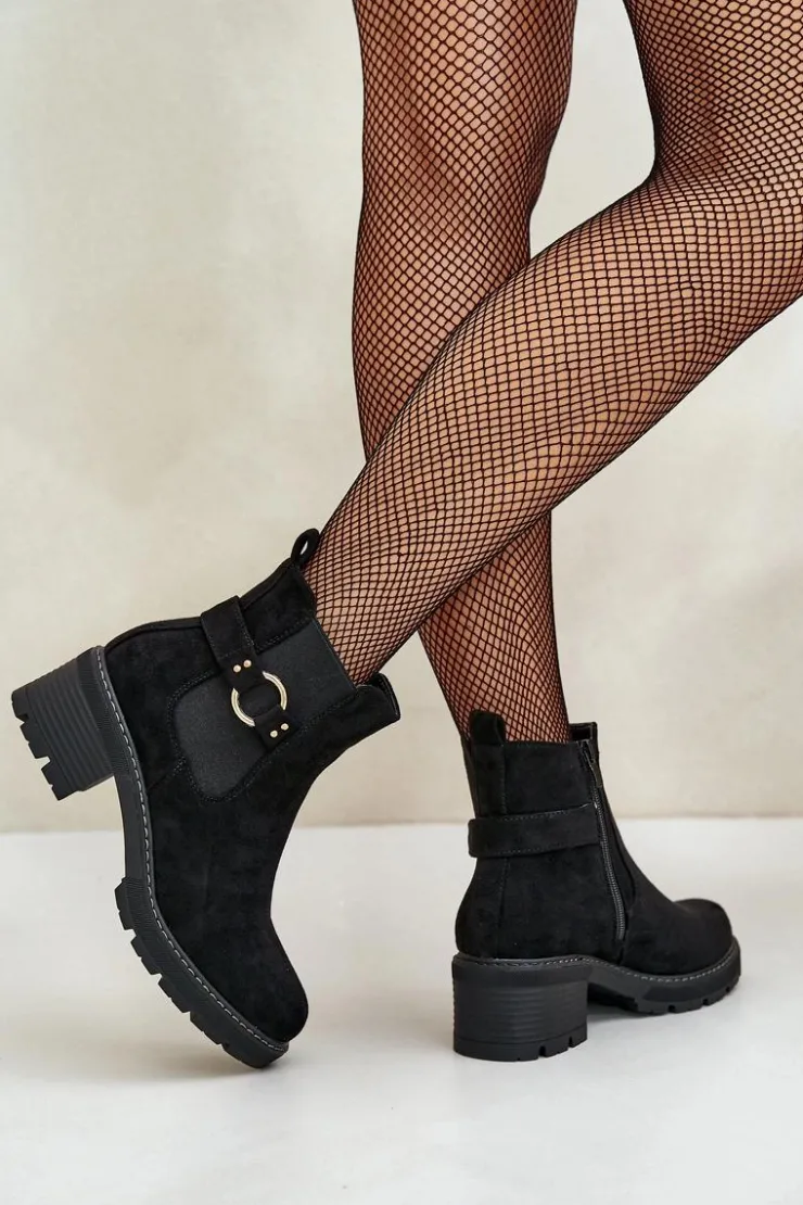 Boto Botki Na Słupku|Botki Zimowe Damskie*Damskie Ocieplane Botki Sztyblety Na Obcasie Ze Złotym Detalem Eko Zamszowe Czarne Mailta