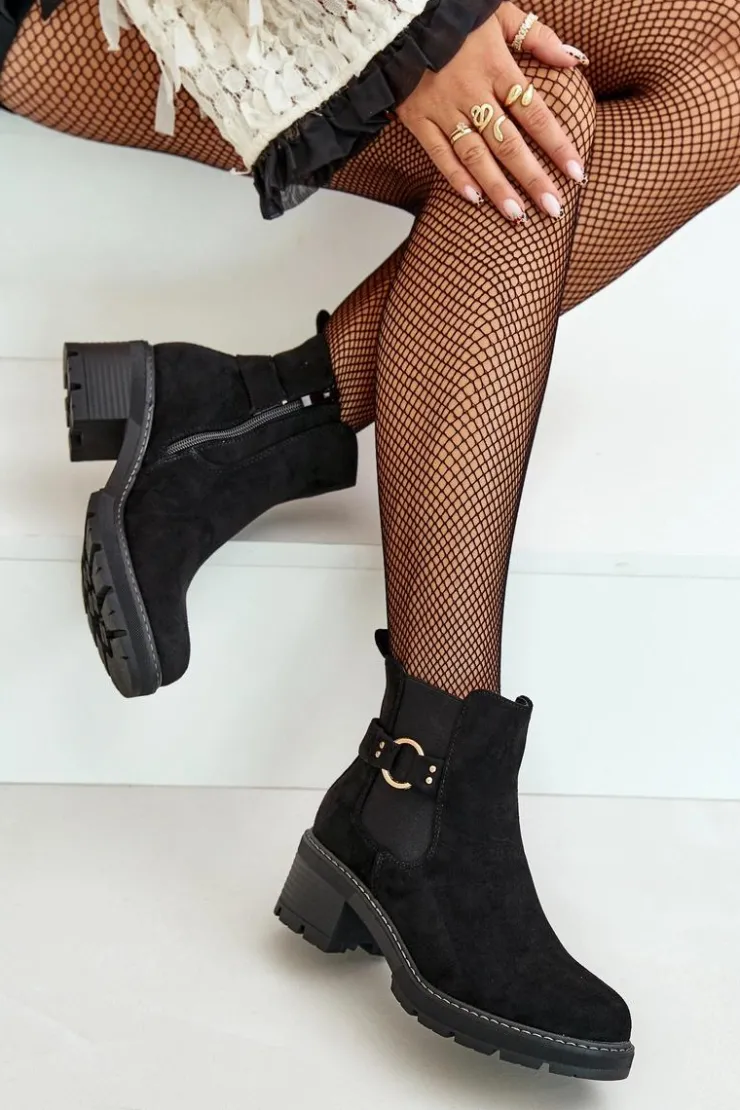 Boto Botki Na Słupku|Botki Zimowe Damskie*Damskie Ocieplane Botki Sztyblety Na Obcasie Ze Złotym Detalem Eko Zamszowe Czarne Mailta