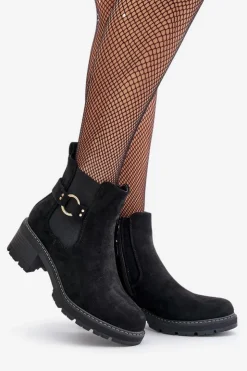 Boto Botki Na Słupku|Botki Zimowe Damskie*Damskie Ocieplane Botki Sztyblety Na Obcasie Ze Złotym Detalem Eko Zamszowe Czarne Mailta