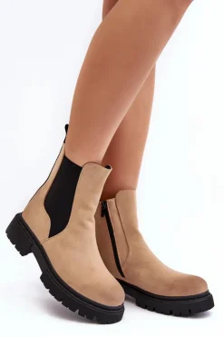 Boto Brązowe I Beżowe Botki|Botki Płaskie*Damskie Ocieplane Botki Sztyblety Na Suwak Beżowe Vesta