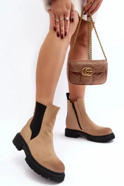 Boto Brązowe I Beżowe Botki|Botki Płaskie*Damskie Ocieplane Botki Sztyblety Na Suwak Beżowe Vesta