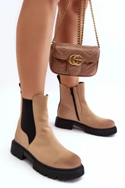 Boto Brązowe I Beżowe Botki|Botki Płaskie*Damskie Ocieplane Botki Sztyblety Na Suwak Beżowe Vesta