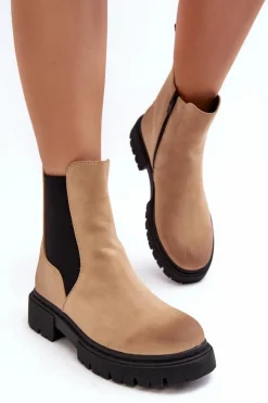 Boto Brązowe I Beżowe Botki|Botki Płaskie*Damskie Ocieplane Botki Sztyblety Na Suwak Beżowe Vesta