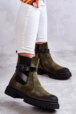 Damskie Boto Damskie Ocieplane Botki Sztyblety Z Paskiem Zielone Jose
