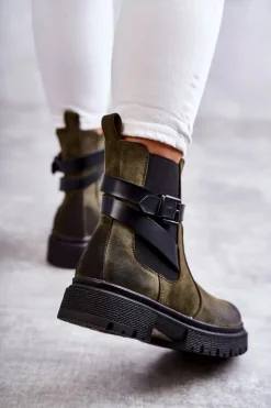 Damskie Boto Damskie Ocieplane Botki Sztyblety Z Paskiem Zielone Jose