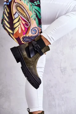 Damskie Boto Damskie Ocieplane Botki Sztyblety Z Paskiem Zielone Jose