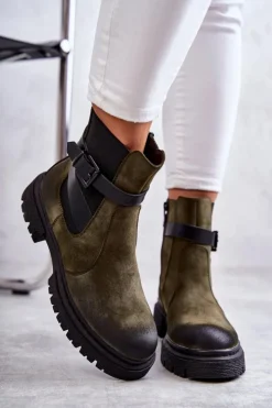 Damskie Boto Damskie Ocieplane Botki Sztyblety Z Paskiem Zielone Jose