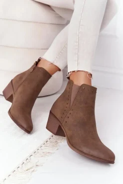 Boto Damskie Ocieplane Botki Sztyblety Na Słupku Khaki Morgan