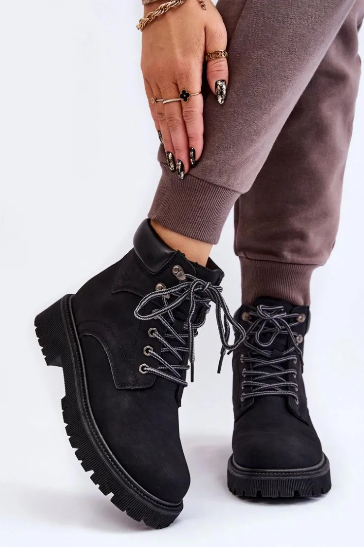 Boto Damskie Trapery|Botki Sznurowane*Damskie Ocieplane Botki Trapery Sznurowane Czarne Halfway