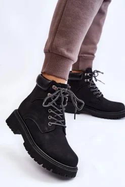 Boto Damskie Trapery|Botki Sznurowane*Damskie Ocieplane Botki Trapery Sznurowane Czarne Halfway
