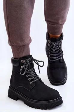 Boto Damskie Trapery|Botki Sznurowane*Damskie Ocieplane Botki Trapery Sznurowane Czarne Halfway