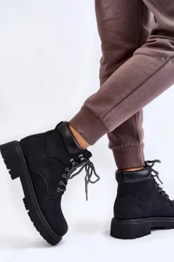 Boto Damskie Trapery|Botki Sznurowane*Damskie Ocieplane Botki Trapery Sznurowane Czarne Halfway