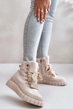 Damskie Evento Damskie Ocieplane Botki Trapery Na Platformie Beżowe Alcyhen