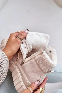 Damskie Evento Damskie Ocieplane Botki Trapery Na Platformie Beżowe Alcyhen