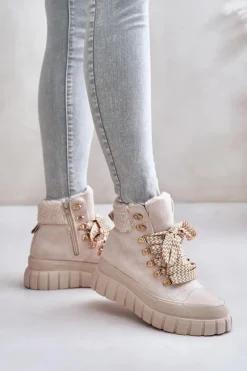 Damskie Evento Damskie Ocieplane Botki Trapery Na Platformie Beżowe Alcyhen