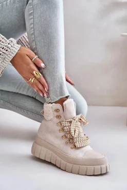 Damskie Evento Damskie Ocieplane Botki Trapery Na Platformie Beżowe Alcyhen
