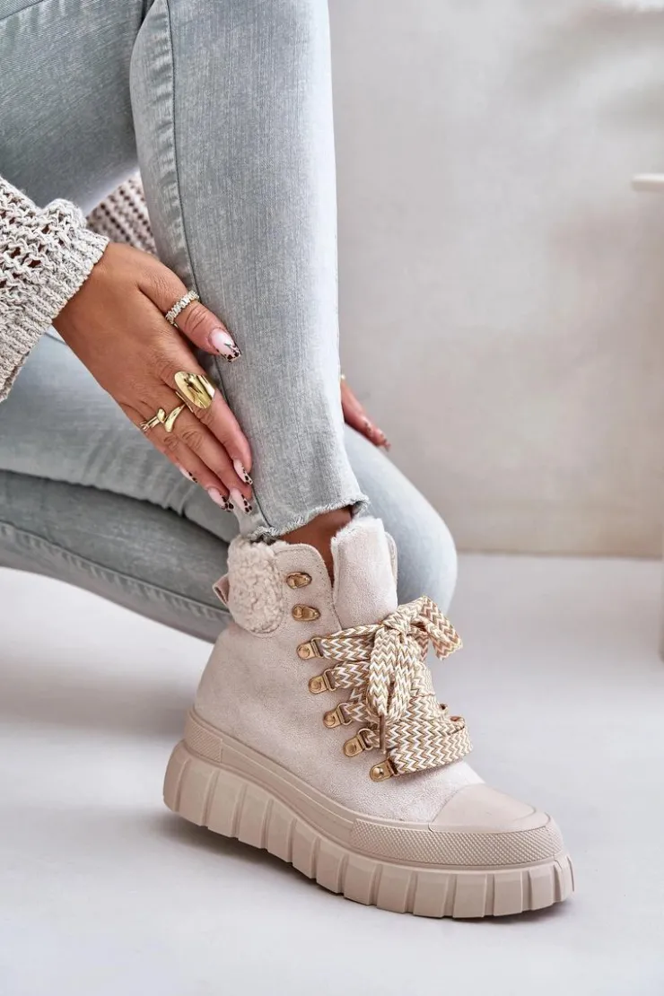 Damskie Evento Damskie Ocieplane Botki Trapery Na Platformie Beżowe Alcyhen