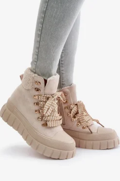 Damskie Evento Damskie Ocieplane Botki Trapery Na Platformie Beżowe Alcyhen