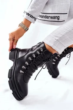 Damskie Boto Damskie Ocieplane Botki Trapery Czarne Perfect