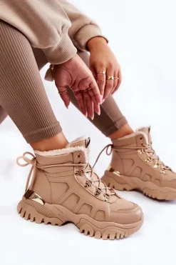 Damskie Evento Damskie Ocieplane Botki Trapery Na Platformie Beżowe Ofelia