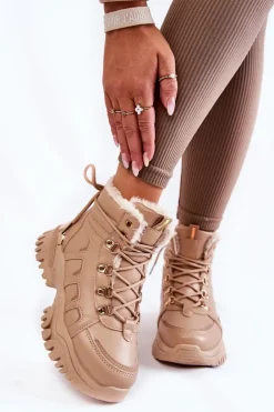 Damskie Evento Damskie Ocieplane Botki Trapery Na Platformie Beżowe Ofelia