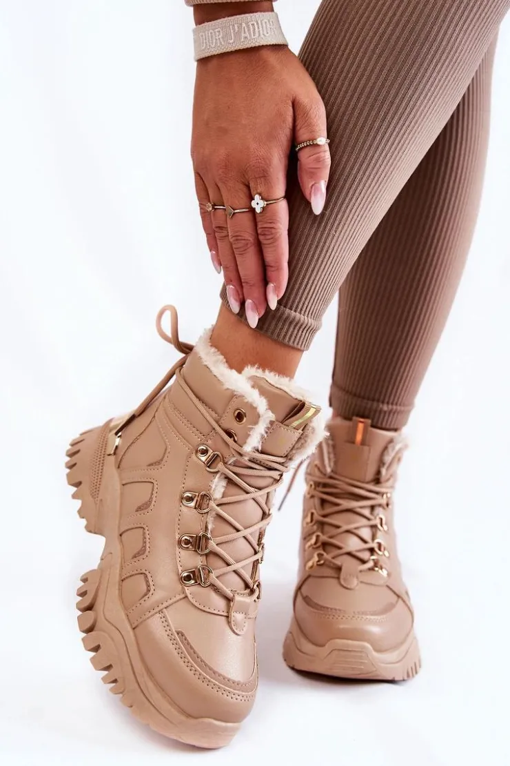 Damskie Evento Damskie Ocieplane Botki Trapery Na Platformie Beżowe Ofelia