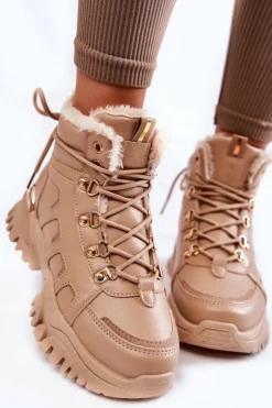 Damskie Evento Damskie Ocieplane Botki Trapery Na Platformie Beżowe Ofelia
