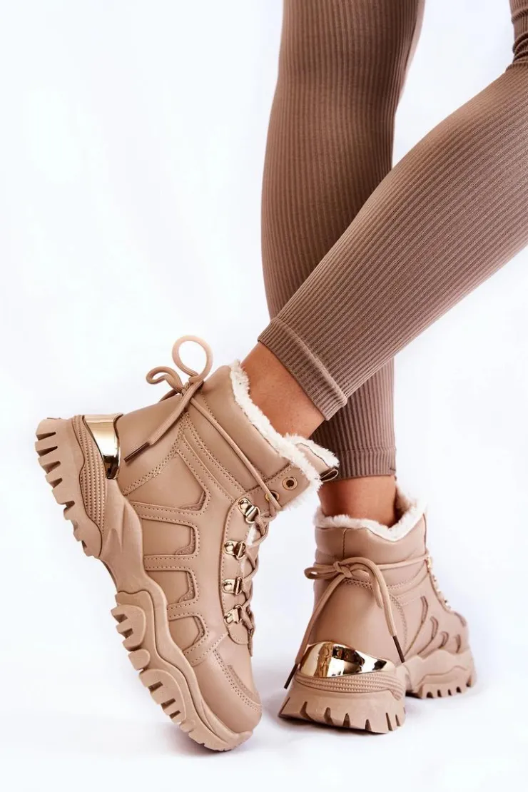 Damskie Evento Damskie Ocieplane Botki Trapery Na Platformie Beżowe Ofelia